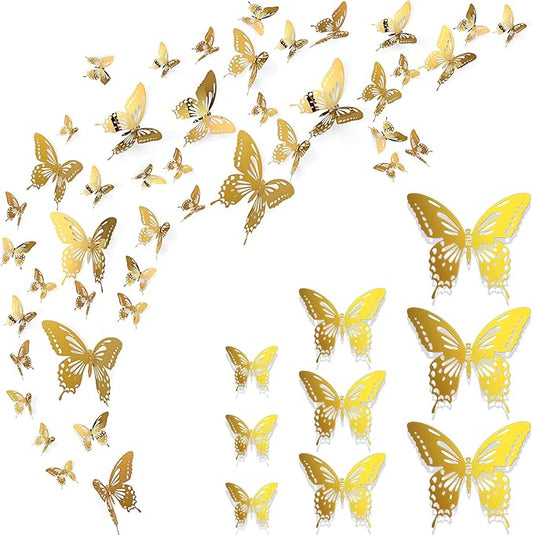 Ferraycle 48 Pieces Metal Butterfly Wall Decor 3 Sizes 3D Flying Butterfly Decoration DIY Art Decor for Craft Bedroom Home Wall Wedding Birthday Party 2. 36'' 3. 94'' 6. 3 '' (Gold)