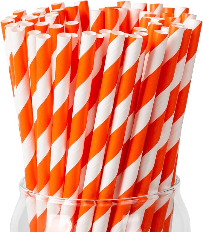 PakTalk 100 Pack Orange Straws, Disposable Orange and White Striped Spritz Straws Compatible with Aperol Spritz Glasses, Cocktails, Lemonade, Party (0.24" x 7.75")