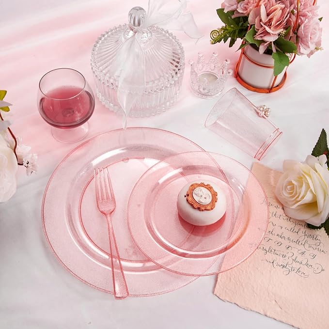 DaYammi 150PCS Pink Plastic Plates,Mother's Day Disposable Pink Dinnerware Set Clear pink Party plates with Silver Glitter Design Include 25 Dinner plates,25 Cake Plate,75 Cutlery,25 Cup for Party