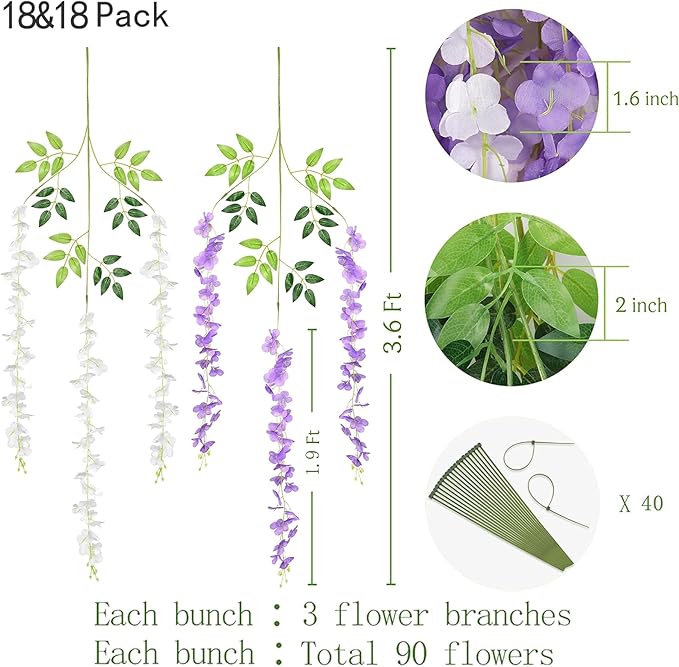 BLEUM CADE 36Pcs White & Purple Fake Wisteria Hanging Flowers, 3.6Ft/Pcs Artificial Wisteria Garland, Hanging Flowers for Wedding Party Home Backdrop Wall Decoration