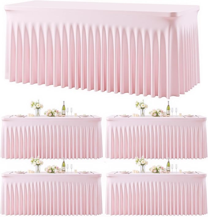 4 Pack Pink Table Cloth for 8 Foot Rectangle Tables Spandex Fitted Tablecloth 8ft Stretch Table Covers Skirt Pink Banquet Tablecloths Wrinkle Free Tablecloth for Party Wedding Birthday Event