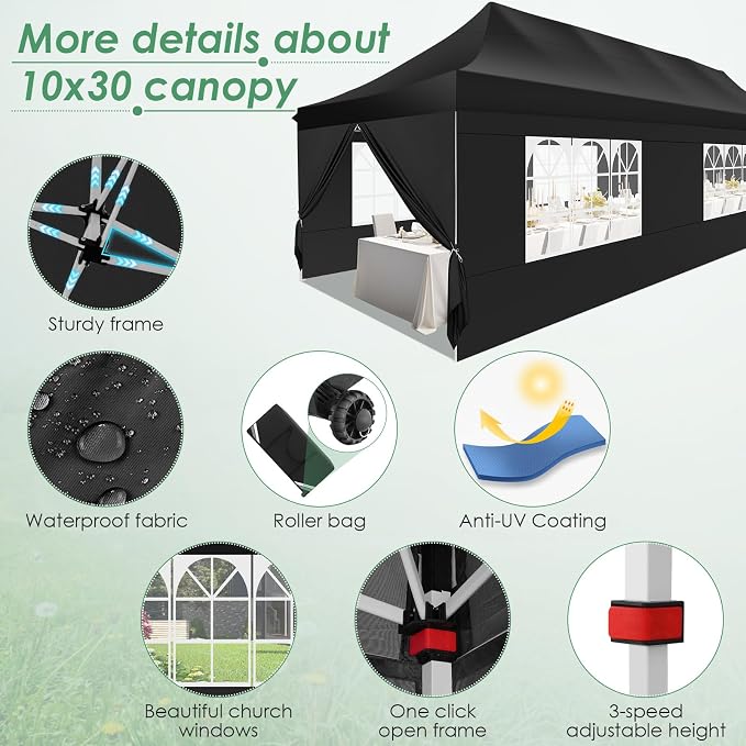COBIZI Canopy Tent 10x30 Pop Up Canopy with 8 Removable Sidewalls Party Tents for Parties Wedding Patio Commercial Waterproof and UV50+ Ez Outdoor Instant Gazebo with Roller Bag & 4 Sandbags（Black）