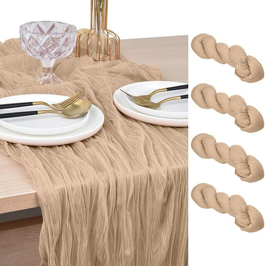 Joanlody Champagne Cheesecloth Table Runner Spring Summer 10Ft Rustic Gauze Boho Cheese Cloth Table Runner for Wedding Bridal Baby Shower Decoration 4 Pack