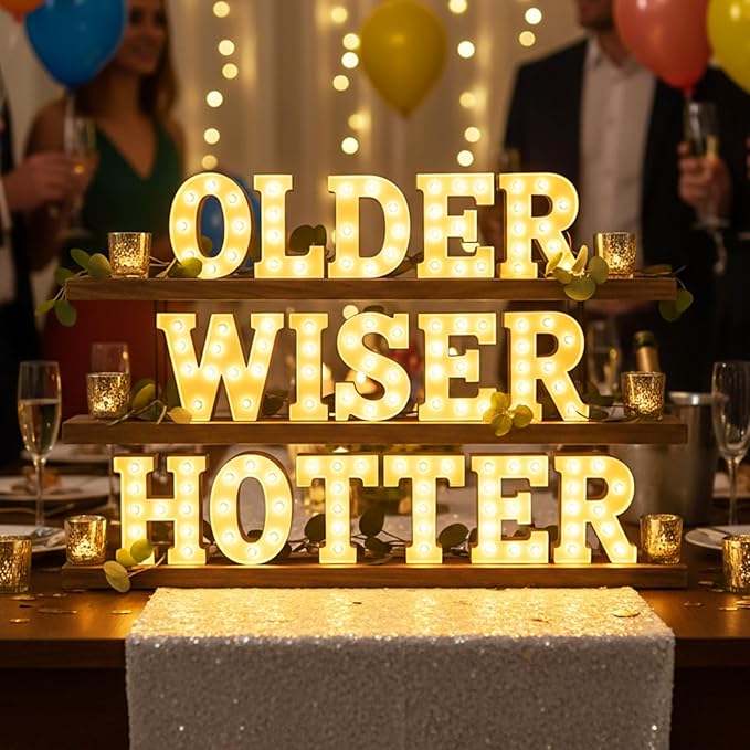 Honoson 16 Pcs Older Wiser Hotter Lights up Sign 6.5 Inch Birthday Party Decorations LED Letter Lights Sign Table Decoration for Women 30th 40th 50th 60th 70th 80th Party Birthday Supplies Decorson