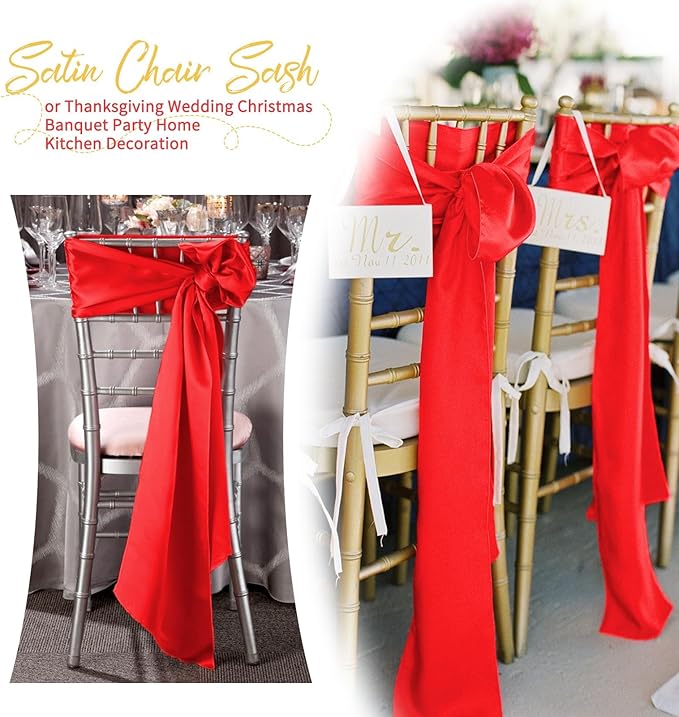 120 PCS Red Satin Chair Sashes, Ties Bows Designed Chairs Decorative, Chair Cover Sashes for Thanksgiving Wedding Christmas Banquet Party Home Kitchen Decoration (7 x 108 inch)