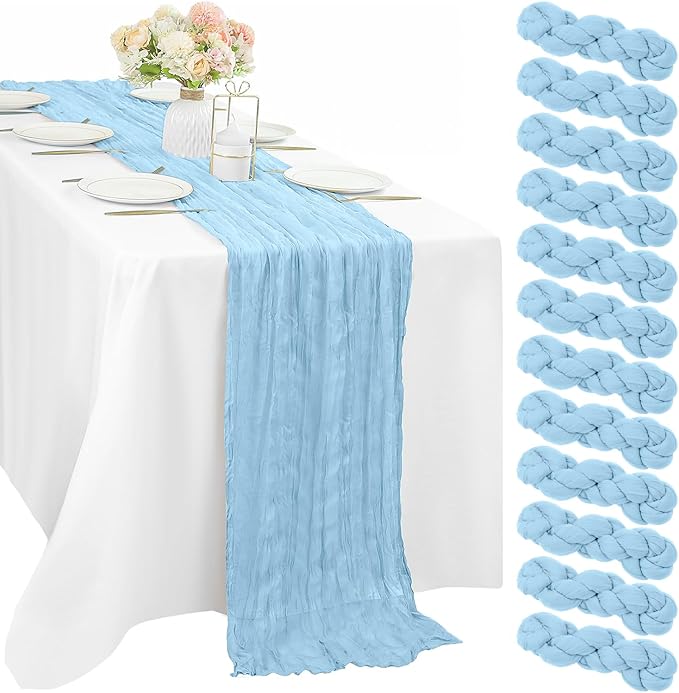12 Pcs Baby Blue Cheesecloth Table Runner 10FT Runner for Tables 35 x 120 Inches Long Gauze Boho Fabric Table Runner Decoration Rustic Sheer Runner for Wedding Birthday Baby Shower Party (Baby Blue)