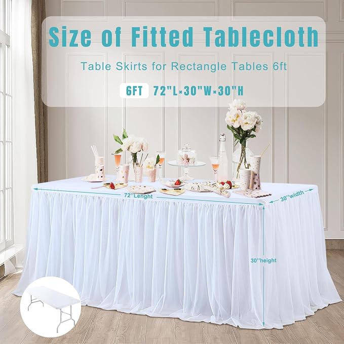 White Tulle Tablecloth Table Skirt for 6 Foot Rectangle Tables | Wedding Table Cloths, Ruffle Tutu Design, Stretch Fitted, For Parties Birthdays Reception Baby Shower Celebration Banquet