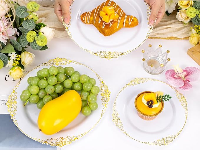 125PCS White and Gold Plastic Plates - Gold Disposable Plates with Plastic Silverware - Vintage Disposable Dinnerware Set for 25 Guests for Wedding Party Dinner Holiday