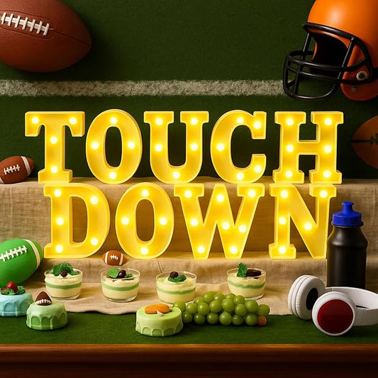 Honoson 9 Pcs Football Party Decorations 'touchdown! ' LED Lights Sign Rugby Theme Sports Neon Sign Lights Table Decoration for Football Birthday Gameday Tailgate Party Decorations