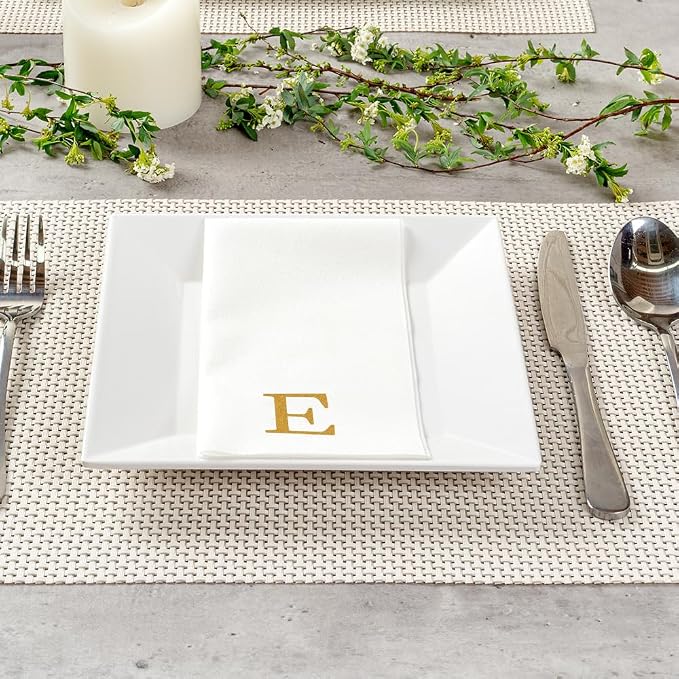 Luxenap 15.8 X 7.9 Inch Linen-Feel Guest Towels, 2000 Lettered Hand Towels - Gold Letter 'E', Sans Serif Font, White Paper Dinner Napkins, airlaid, For Restrooms And Tables - Restaurantware