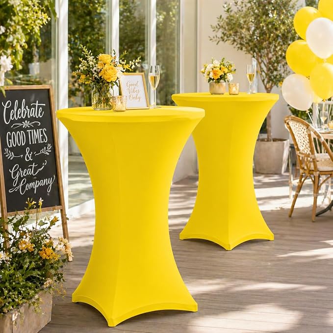 Cocktail Table Covers - 2 Pack 32x43 Inch Table Cloth - Yellow Fitted Stretch Spandex Round High Top Tablecloth for Party, Bar, Birthday, Pub, Banquet