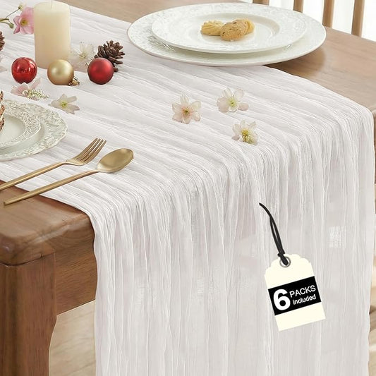IVAPUPU 6 Pcs Cheesecloth Table Runner - 10ft Ivory White Spring Boho Gauze Cheese Cloth Table Runners for Baby Shower Decoration Wedding Party Garden Farmhouse Decor