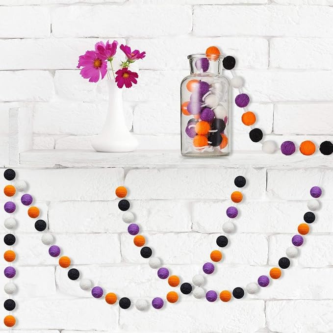 WILLBOND 3 Pieces Wool Felt Rainbow Ball Garland Colorful Pom Pom 6.5 ft Long 24 Ball Garland for Easter Mardi Gras Classroom Halloween Thanksgiving Xmas (Purple,Orange,Black,White)