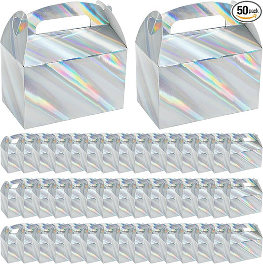 ZAVOOS 50 Pack Party Favor Boxes, 6.3 x 3.7 x 3.7 Inch Iridescent Candy Gable Boxes with Handle, Paper Goodie Gift Box Snack Cookies Containers bulk for Christmas, Wedding, Birthday