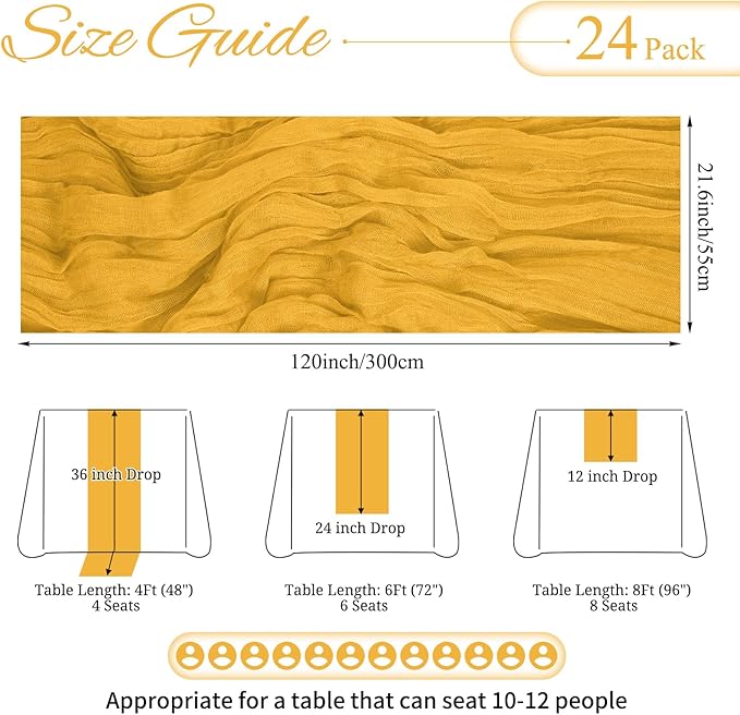 24 Pack Mustard Cheesecloth Table Runner 10FT Boho Gauze Cheese Cloth Table Runner Rustic Sheer Fabric Table Runners for Wedding Bridal Shower Baby Shower Party(21.5×120 Inch)