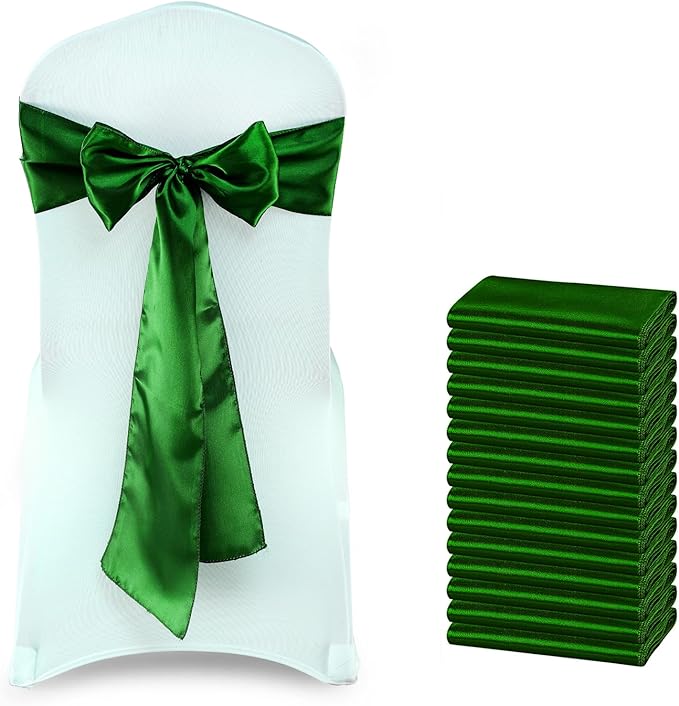 MDS Satin Chair Sashes, 125 Pack, 7”x108” Each, Decorative Chair Bows Ribbon Tie Backs for Wedding Party, Holiday Dinner, Birthday, Reception, Banquet, Hotel & Event Decoration - Green