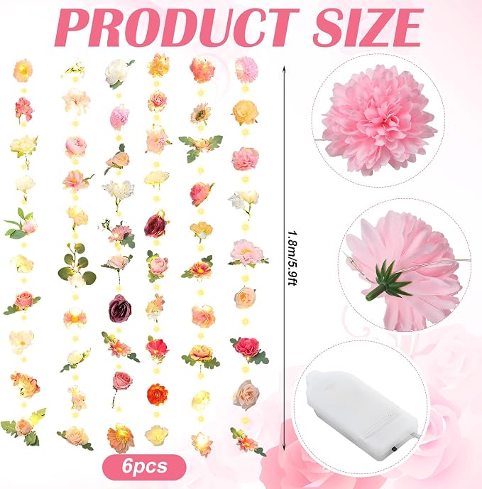 Suncalla 6 Pack 35.4ft Fake Flower Garland Backdrop with LED Lights Hanging Wildflower Floral Vine Decorations for Wedding Bridal Shower Birthday Baby Shower Party Backdrop(Lovely,Multicolor)