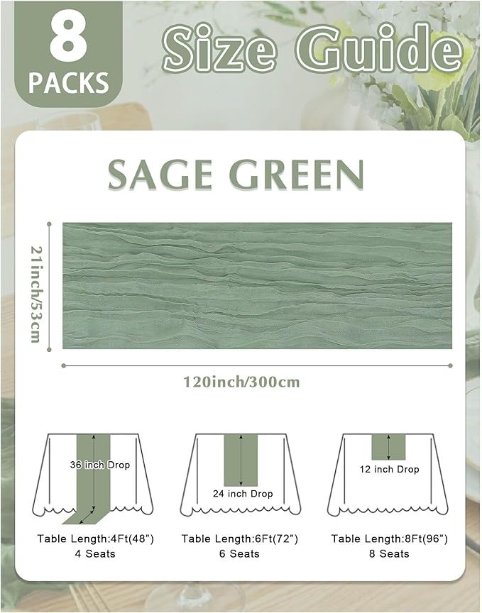 8 Pack Sage Green Cheesecloth Table Runner 21x120 Inch Gauze Table Runners Reusable Polyester 10ft Boho Rustic Cheese Cloth Table Runner for Wedding Party Baby Shower