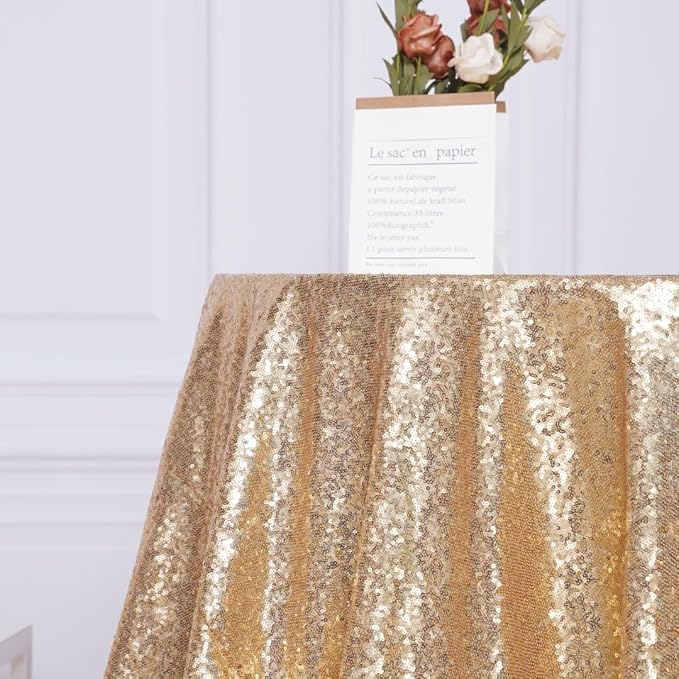 Poise3EHome 132-Inch Round Sequin Tablecloth for Party Cake Dessert Table Exhibition Events, Light Gold