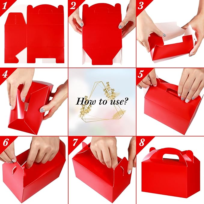 36 Pcs Party Favor Treat Boxes, Goodie Candy Gable Paper Gift Boxes with Handles for Birthday Wedding Shower Christmas Party Supplies, 6 x 3.5 x 3.5 Inches(Red)