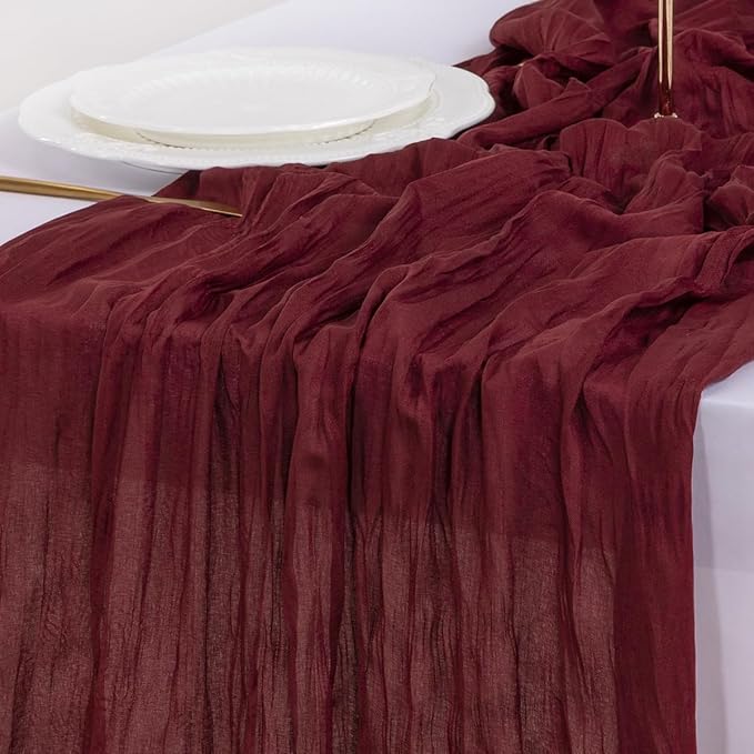Socomi 10pcs Burgundy Red Summer Cheesecloth Table Runner Boho Rustic Gauze 120 inch 10FT Cheese Cloth Sheer Runner for Wedding Party Baby Shower Birthday Home Decor Holiday Decorations