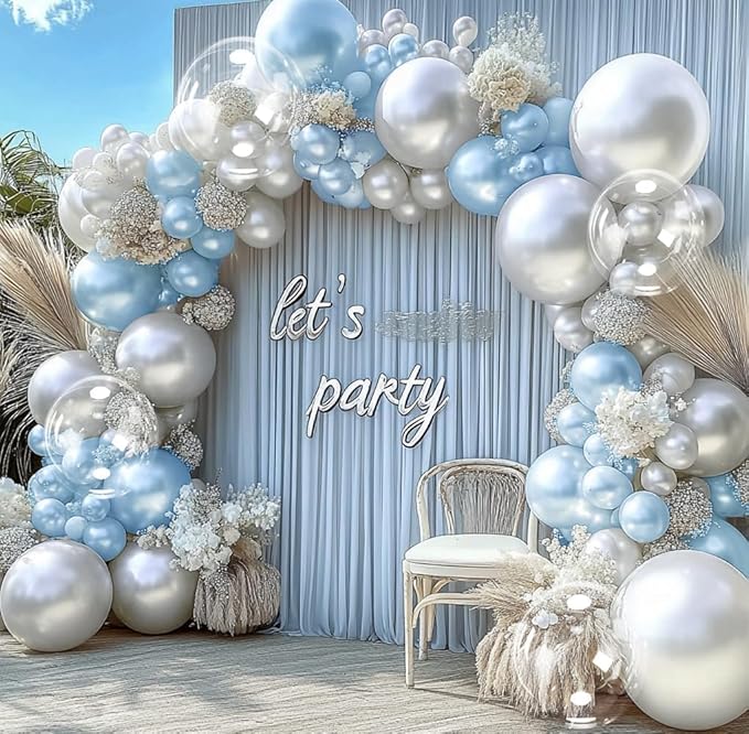 Silver Balloon Arch Kit Double Stuffed Pearl Metallic Silver Balloon Garland Different Size With Clear Balloons for Birthday Valentines Day Engagement Wedding Bridal Baby Shower Graduation Party Decor