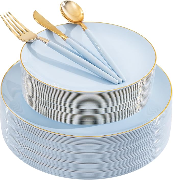 DaYammi 150Pcs Blue Plastic Plates with Gold Rim,Disposable Blue Party Plates Include 30 Dinner Plate,30 Salad Plate,30 Forks,30 Knives,30 Spoons,Fancy Disposable Platos for Party,Wedding,Baby Shower