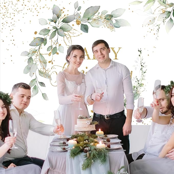 InMemory Sage Green Happy Anniversary Banner, Greenery Wedding Anniversary Backdrop, Couple Cheers to Marriage Background, Eucalyptus Leaves Memorial Party Decorations 6x4ft