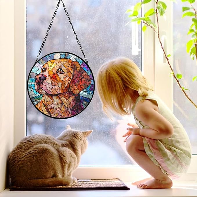 DASTOLL Stained Glass Window Hanging, Cute Dog Abstract Sun Catchers Colorful Glass Panel Texture Suncatcher Decor for Birthday for Women, Men, Wife, Aunt, and Mom 14.9x14.9 in