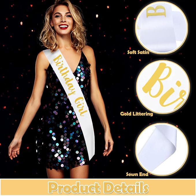 12Pcs Birthday Sashes Set - White Girl Sash & Black Party Sashes for Women, Party Favors & Accessories