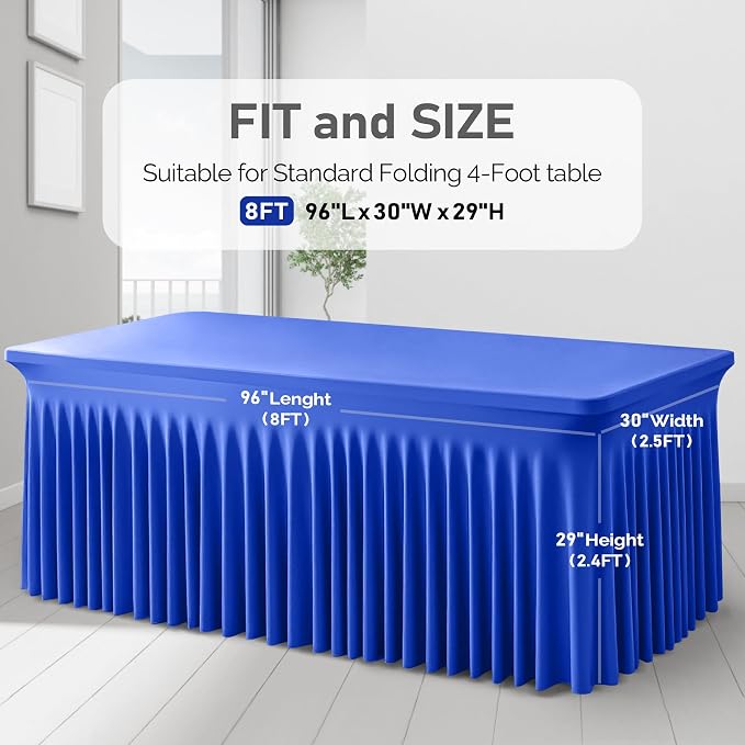 2 Packs Royal Blue Table Clothes for 8 Foot Rectangle Tables, One-Piece Wrinkle Resistant Stretch Spandex Table Covers with Skirt for Event Banquet Wedding Birthday Party