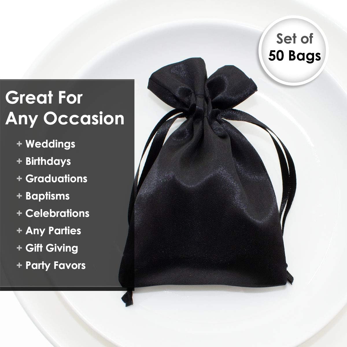 3" x 4" Black Satin Gift Bags, Jewelry Bags, Wedding Favor Silky Drawstring Bags Baby Shower Christmas 50 per Pack