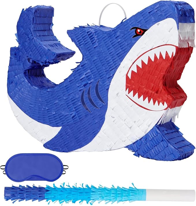 WERNNSAI Shark Piñata - Ocean Shark Birthday Party Decorations Kids Boys Piñata with Blindfold and Bat for Under the Sea Party Supplies Baby Shower Birthday Game Set