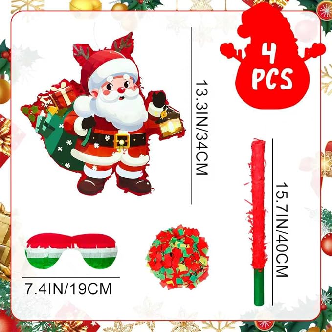 4 in 1 Christmas Santa Claus Piñata, Christmas Piñata Bundle Cute Santa Claus Piñata, Christmas Party Games Stick Blindfold etc Christmas Decorations for Christmas Party Decorations