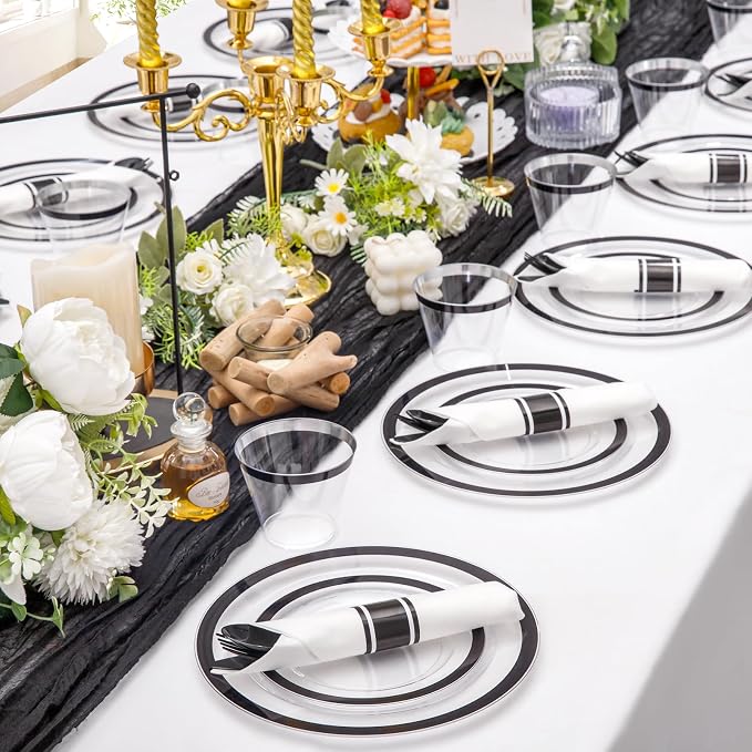 Liacere 350PCS Clear Black 350PCS Disposable Dinnerware Set for 50 Guests- 100 Plastic Plates, 50 Pre rolled Black Silverware,50 Plastic Cups for Wedding & Party & Graduation
