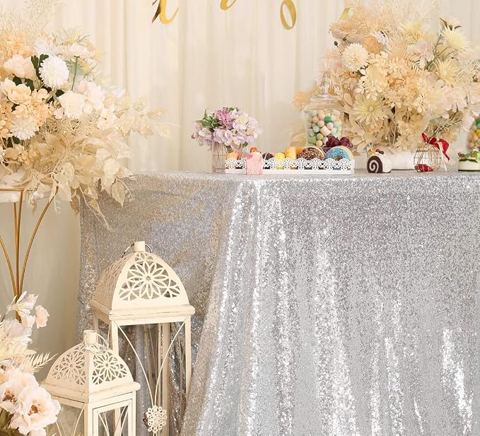 Juya Delight 50" x 80" Silver Rectangle Sequin Tablecloth for Party Dinner Banquet Festival Wedding Anniversary Exhibition Dessert Table