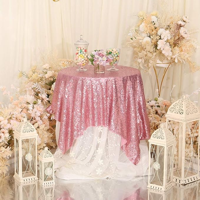 Poise3EHome Fuchsia Pink Sequin Tablecloth 50×50 Inch Square Sparkly Fabric Table Cover Overlay for Valentine Birthday Wedding Party Holiday Baby Shower Decoration