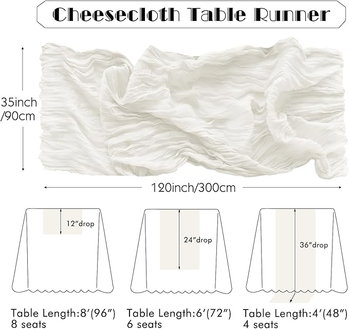 IVAPUPU 4 Pcs Cheesecloth Table Runner - 10ft Ivory White Spring Boho Gauze Cheese Cloth Table Runners for Baby Shower Decoration Wedding Party Garden Farmhouse