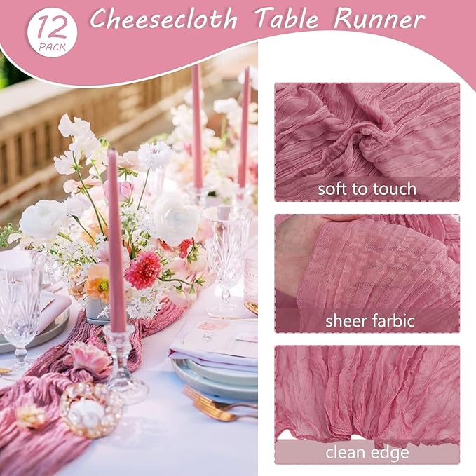 12 Pack Dusty Rose Table Runner, 35x120 Inch Pink Cheesecloth Table Runner with Wrinkle 10ft Long Boho Rustic Gauze Sheer Cheese Cloth for Wedding Party Bridal Baby Shower Table Decor