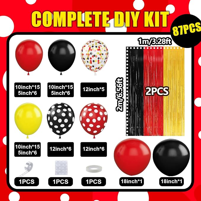 Red Yellow Black Balloon Garland Arch Kit Birthday Party Decorations, Cartoon Themed Foil Fringe Curtains Backdrop Tinsel Streamer Photo Booth Props for Christmas New Years Party Decor Supplies