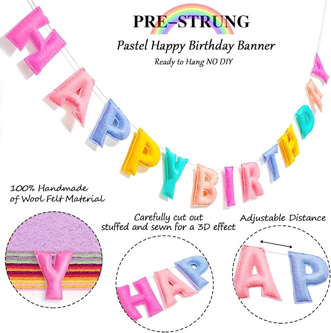 Pre-Strung Happy Birthday Banner - Felt Ball Garland, Rainbow Party Decorations, HAPPY BIRTHDAY Garland, Personalized Birthday Sign for Birthday Decor, Party Decor, Photo Prop (Pastel Happy Birthday Banner)