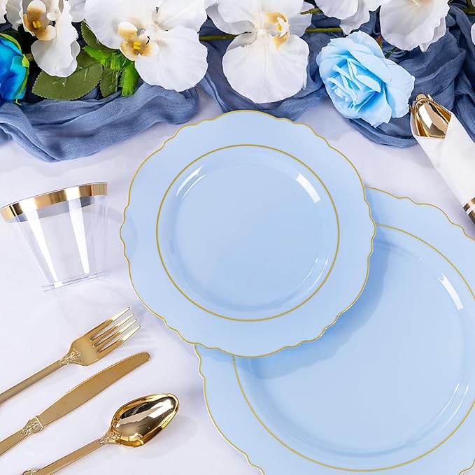 Liacere 175PCS Bule Plastic Plates - Disposable Ligh Bule and Gold Plates - Baroque Plastic Dinnerware 50Plates, 25Pack Pre Rolled Napkins with Silverware 25Cups for Baby Shower Party & Wedding