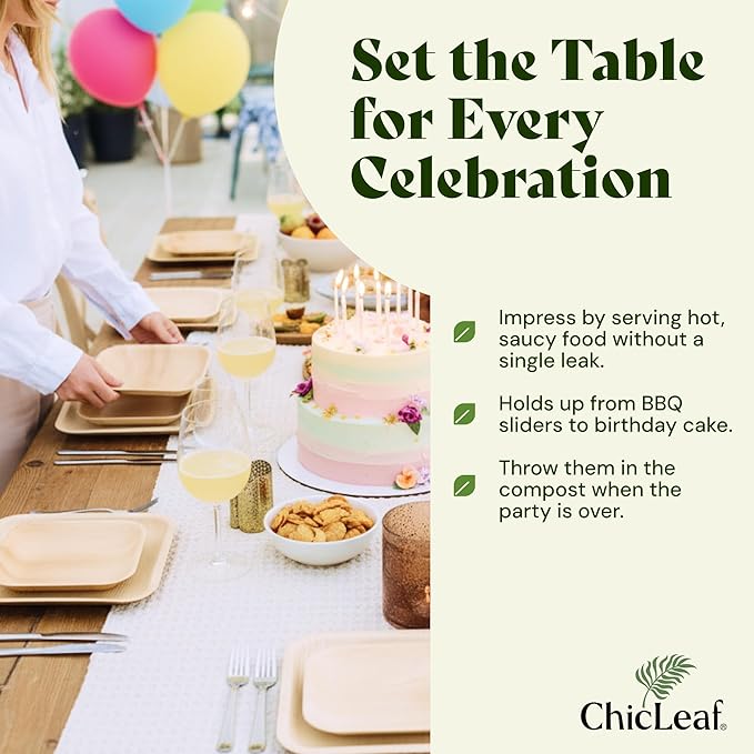 Chic Leaf 6-Inch Palm Leaf Plates, 50-Pack -Fully Compostable Disposable Appetizer and Dessert Plates, Heavy Duty Bamboo-Style Dinnerware for Weddings Parties Charcuterie and Tastings, Microwave Safe