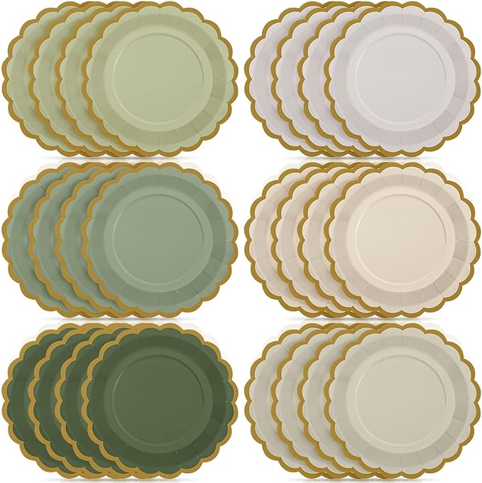 48 Pcs Sage Green Paper Plates 9 Inch Gradient Scalloped Paper Disposable Dinner Dessert Plates for Birthday Wedding Bridal Party Supplies, 6 Colors