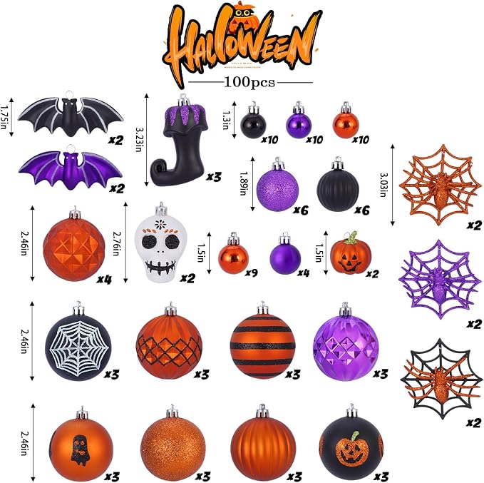 100Pcs Halloween Hanging Ball Ornaments, Ornaments Tree Decorations, Shatterproof Plastic Balls for Cute Holiday Party Indoor Home Decor (100Pcs)