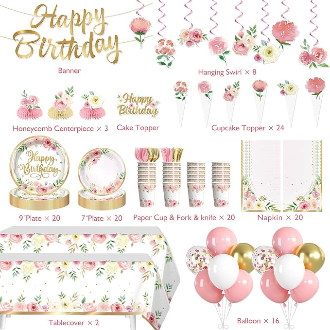 175Pcs Floral Birthday Decorations Set - Serves 20 Guests - All-in-One Flower Theme Birthday Party Decorations Kit with Balloons, Banner, Cake Topper, 350gsm Plates, Tablecloths, Backdrop