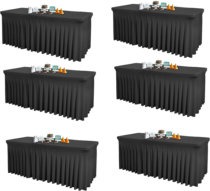 Shillance 6 Packs Black Spandex Table Covers 6 Foot, Fitted Stretch Table Cloth with Skirts 96x30 Inch, Wrinkle-Free Floor Length Rectangle Tablecloths for Trade Show Weddings Parties Banquets Events
