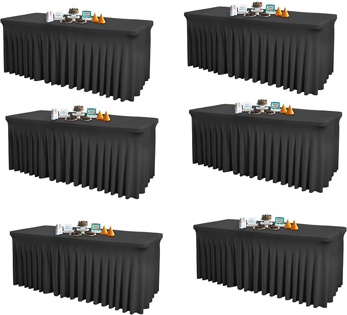 Shillance 6 Packs Black Spandex Table Covers 6 Foot, Fitted Stretch Table Cloth with Skirts 72x30 Inch, Wrinkle-Free Floor Length Rectangle Tablecloths for Trade Show Weddings Parties Banquets Events
