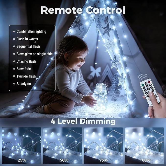 btfarm Fairy Lights Plug in with Remote, 33FT 100 LED Outdoor Twinkle Lights Waterproof with Timer, 8 Modes Indoor String Lights for Bedroom Patio Garden Wedding Christmas Decoration, Cool White