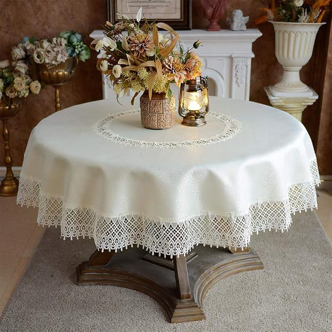 ARTABLE Round Tablecloth Lace Rustic Macrame Embroidered Table Cloths for Harvest Dresser Decor Farmhouse Kitchen Home (Ivory-2, 70" Round)